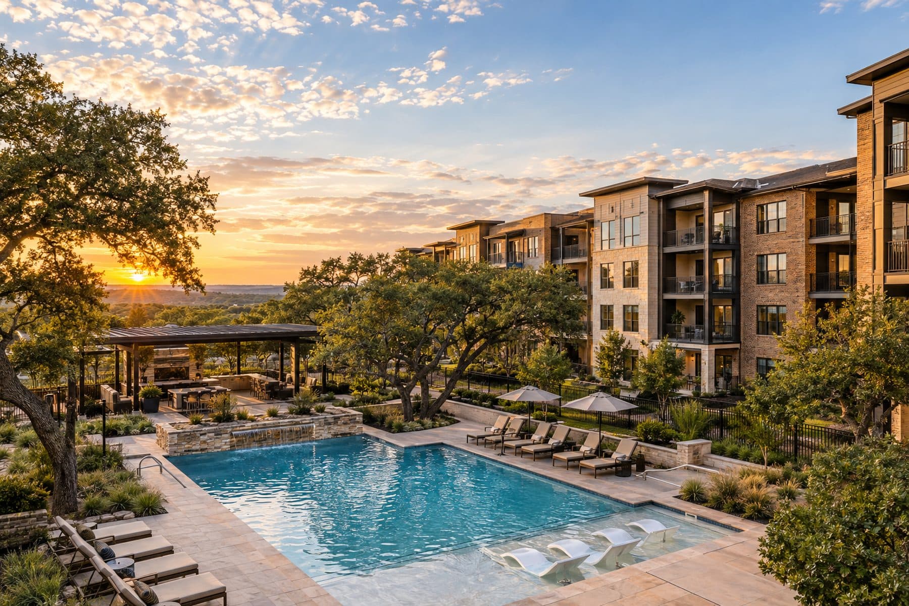 Resort-style pool and modern apartment buildings at sunset in North Texas